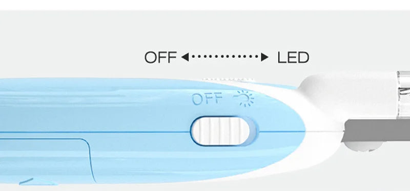 Blue pet LED nail grinder with ON/OFF slider switch and LED indicator lens