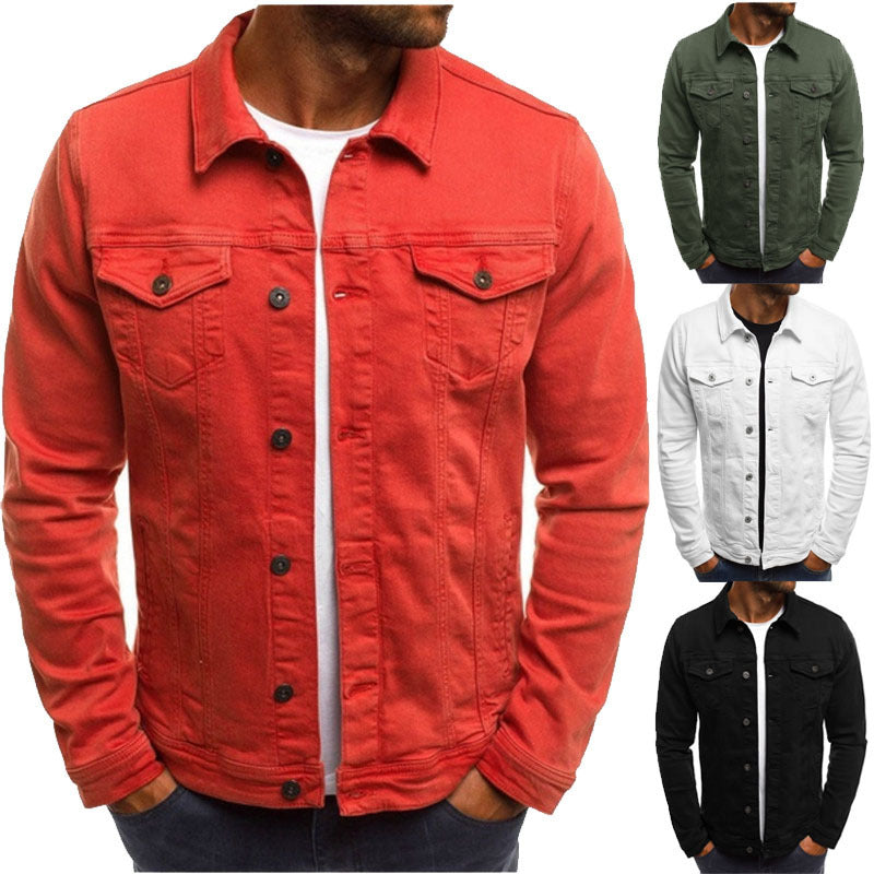 Men's denim button-front jacket with two chest flap pockets, red color.