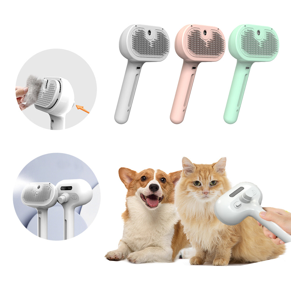 White self-cleaning pet grooming brush with mist humidifier, rounded bristle head