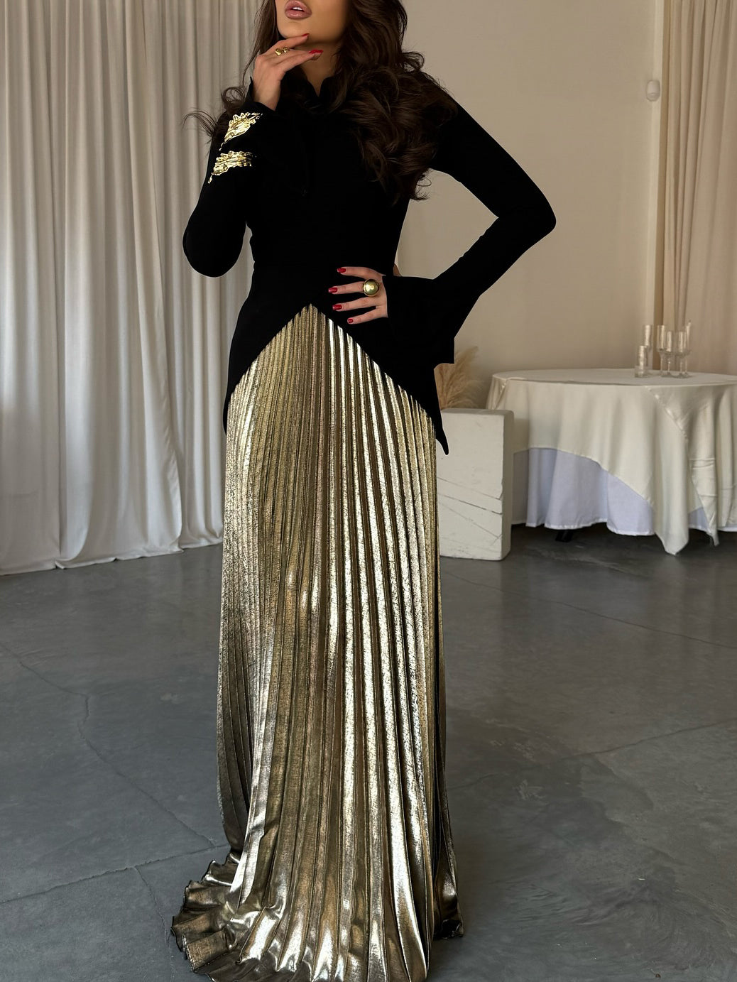 Elegant Essentials Black Bell Sleeve Set: Irregular Hem Top & Pleated Skirt for Effortless Style