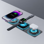 3-in-1 magnetic wireless charger station with black watch dock and charging pads