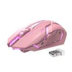 Pink wireless gaming mouse with purple LED lights and USB dongle