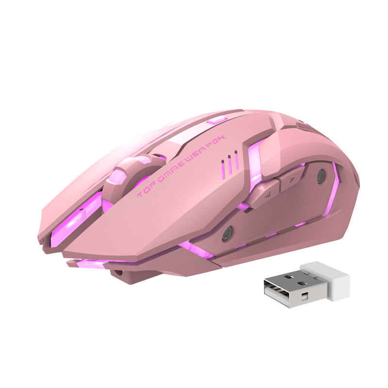Pink wireless gaming mouse with purple LED lights and USB dongle