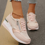 Women's beige lace-up sneakers with side zip and thick white sole