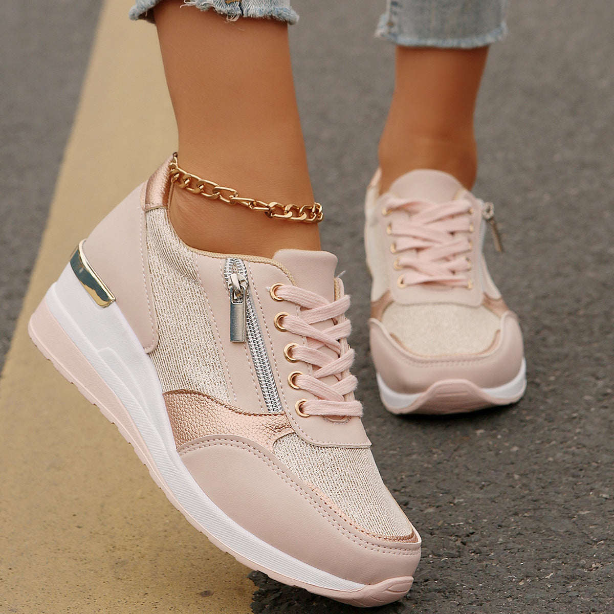 Women's beige lace-up sneakers with side zip and thick white sole