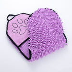 Purple heart-shaped microfiber pet drying towel with paw print and black trim