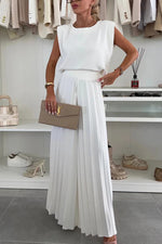 White sleeveless round-neck top and pleated wide-leg trousers set