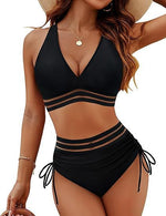 Black high waist bikini set with V-neck triangle top and striped cutout trim