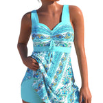 Plus size quick-dry split skirt bikini swimsuit, light blue paisley print with front tie
