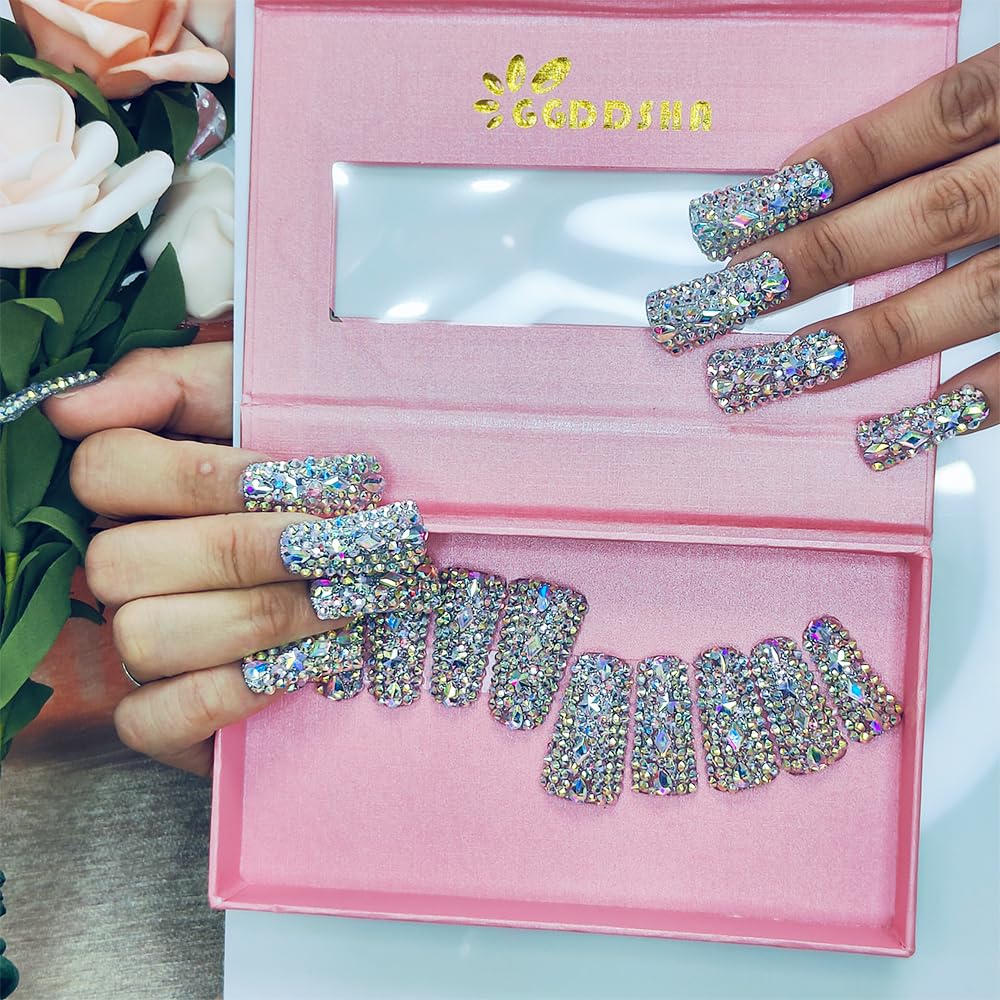 Iridescent rhinestone medium square nails set shown on fingertips