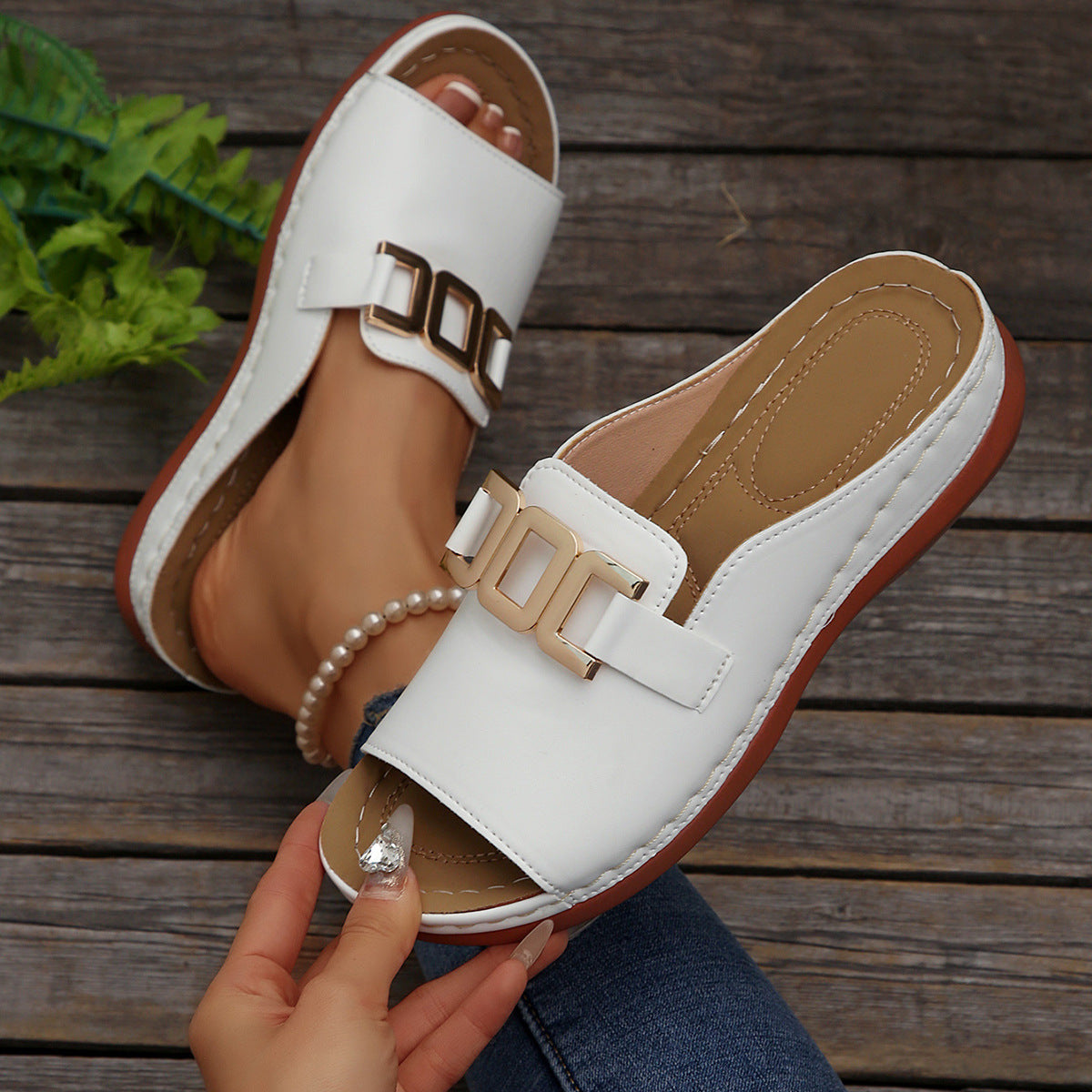 Women's chain wedge platform sandals, white upper with gold-tone buckle and wide strap