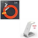 Wireless charging stand with white phone dock and orange 1m Type-C cable.