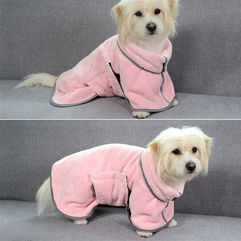 Pet microfiber absorbent towel bathrobe, pink with hood opening and dark edge trim