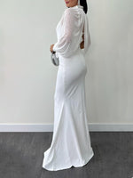 Halter mesh beaded dress set in white with side drape sheer sleeves and long fitted skirt