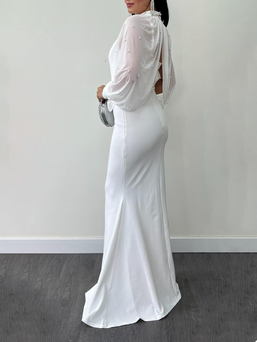 Halter mesh beaded dress set in white with side drape sheer sleeves and long fitted skirt