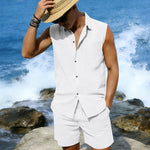 Men's linen sleeveless shirt and shorts set, white, button-front shirt, front pockets