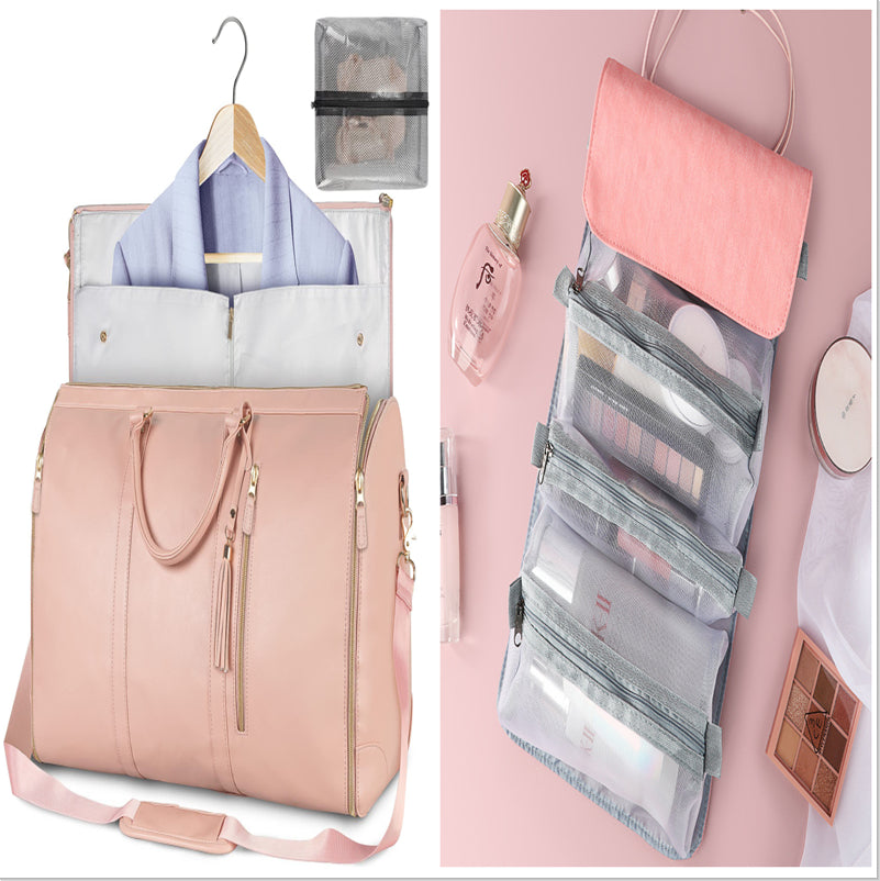 Pink waterproof travel duffel bag with open clothing organizer and clear mesh pocket