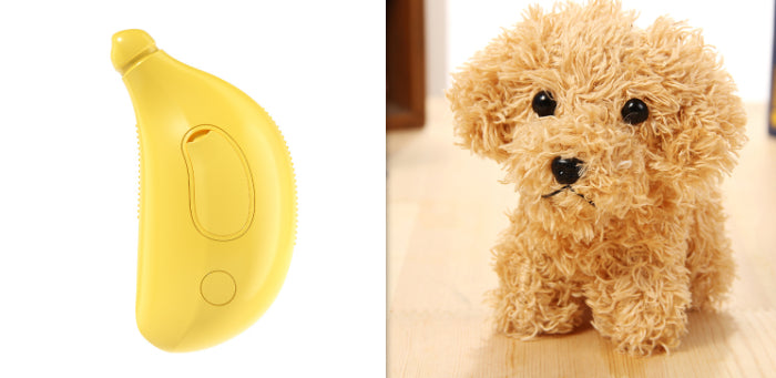 Yellow pet steam brush shown with a curly-haired dog for grooming