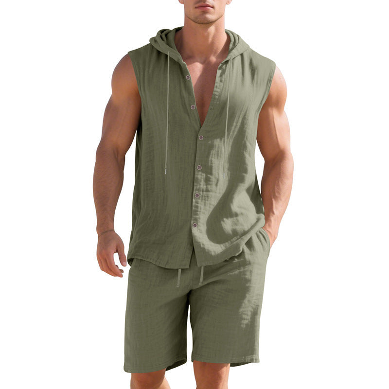 Men's sleeveless two-piece set in olive green, hooded button-front shirt and matching shorts.
