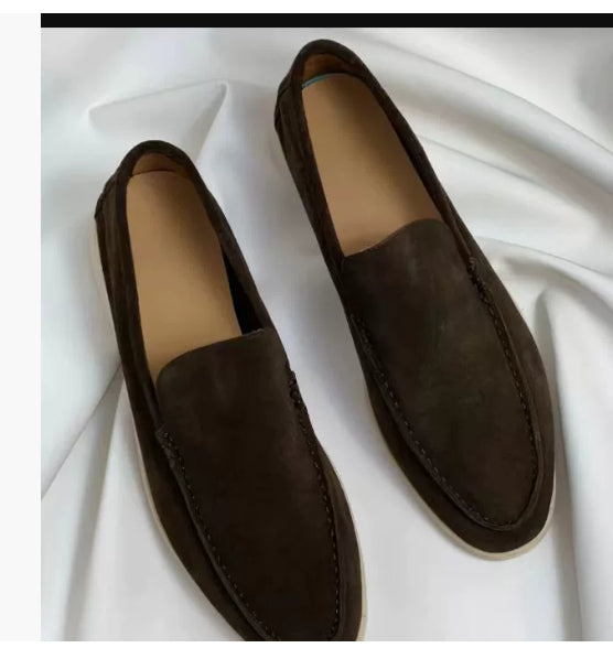 Dark brown suede loafers, slip-on flat driving shoes with stitched moc toe