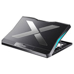 Black laptop cooling stand with raised mesh platform and blue side trim