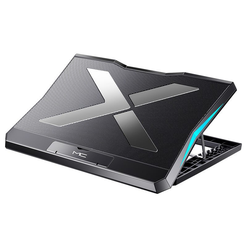 Black laptop cooling stand with raised mesh platform and blue side trim