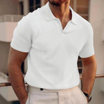 White waffle knit v-neck polo shirt with short sleeves
