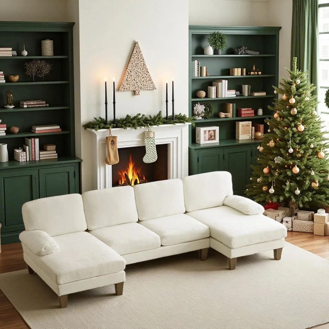 Sofá seccional en forma de U, sillón doble, muebles de sala de estar de 4 plazas de tela de chenilla