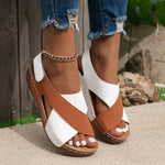 Women's colorblock wedge platform sandals, white and orange straps, open fishmouth