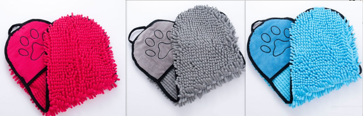Microfiber pet drying towel hearts in pink, gray, and blue with paw print