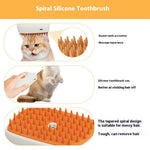 Pet steam grooming brush with orange bristle tips and white top handle