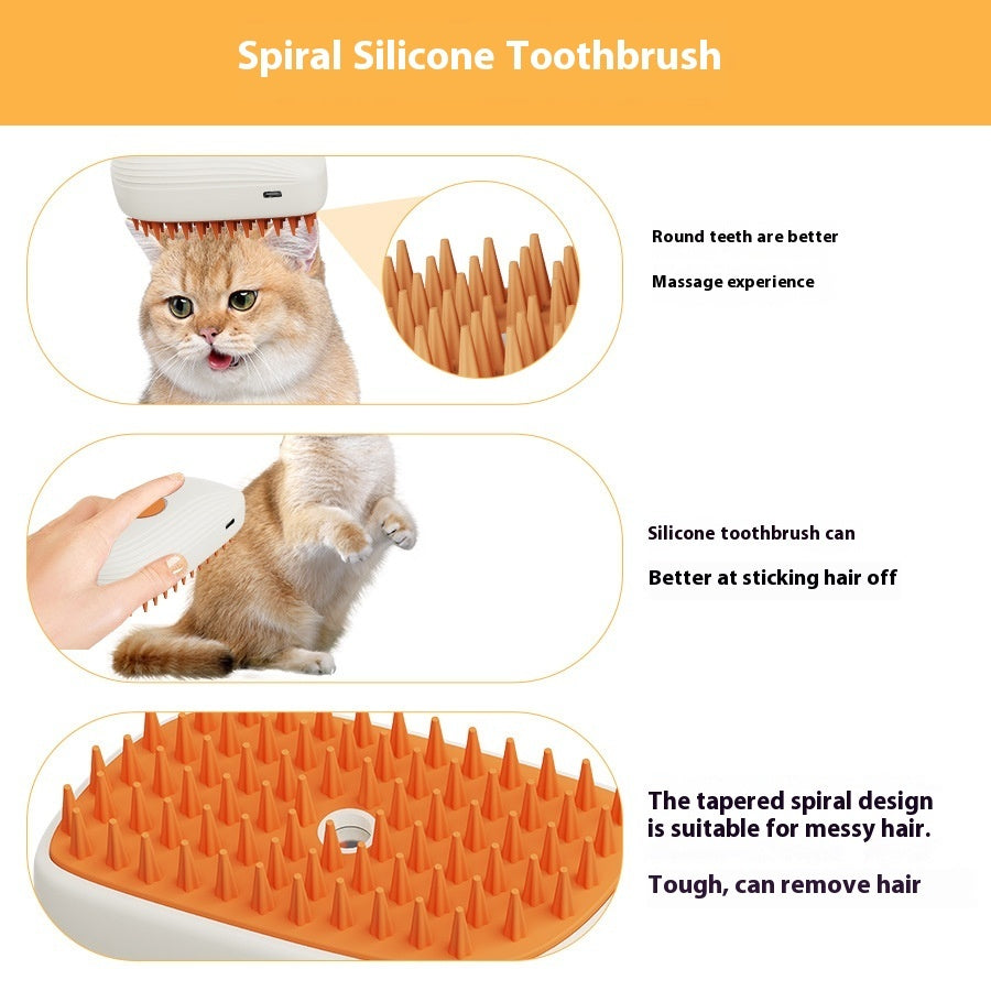 Pet steam grooming brush with orange bristle tips and white top handle
