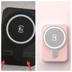 Black and pink mini magnetic wireless power banks, charging icon close-up and front