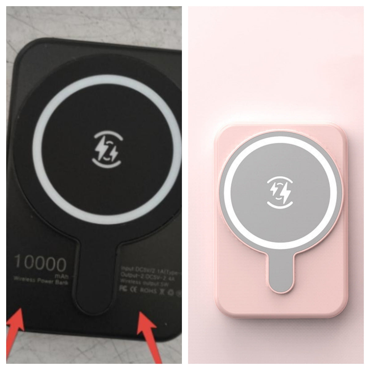 Black and pink mini magnetic wireless power banks, charging icon close-up and front