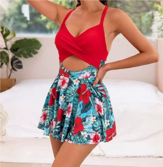 Cutout sling one-piece swimsuit with skirt, red top and floral print skirt