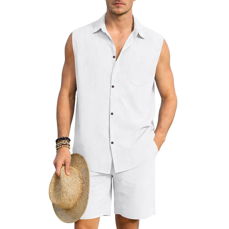 Linen sleeveless shirt & shorts set in white, button front, chest pocket