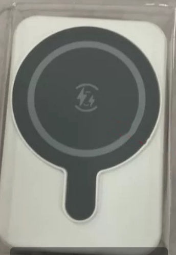 Wireless power bank charging pad with MagSafe-style circular contact on a light back