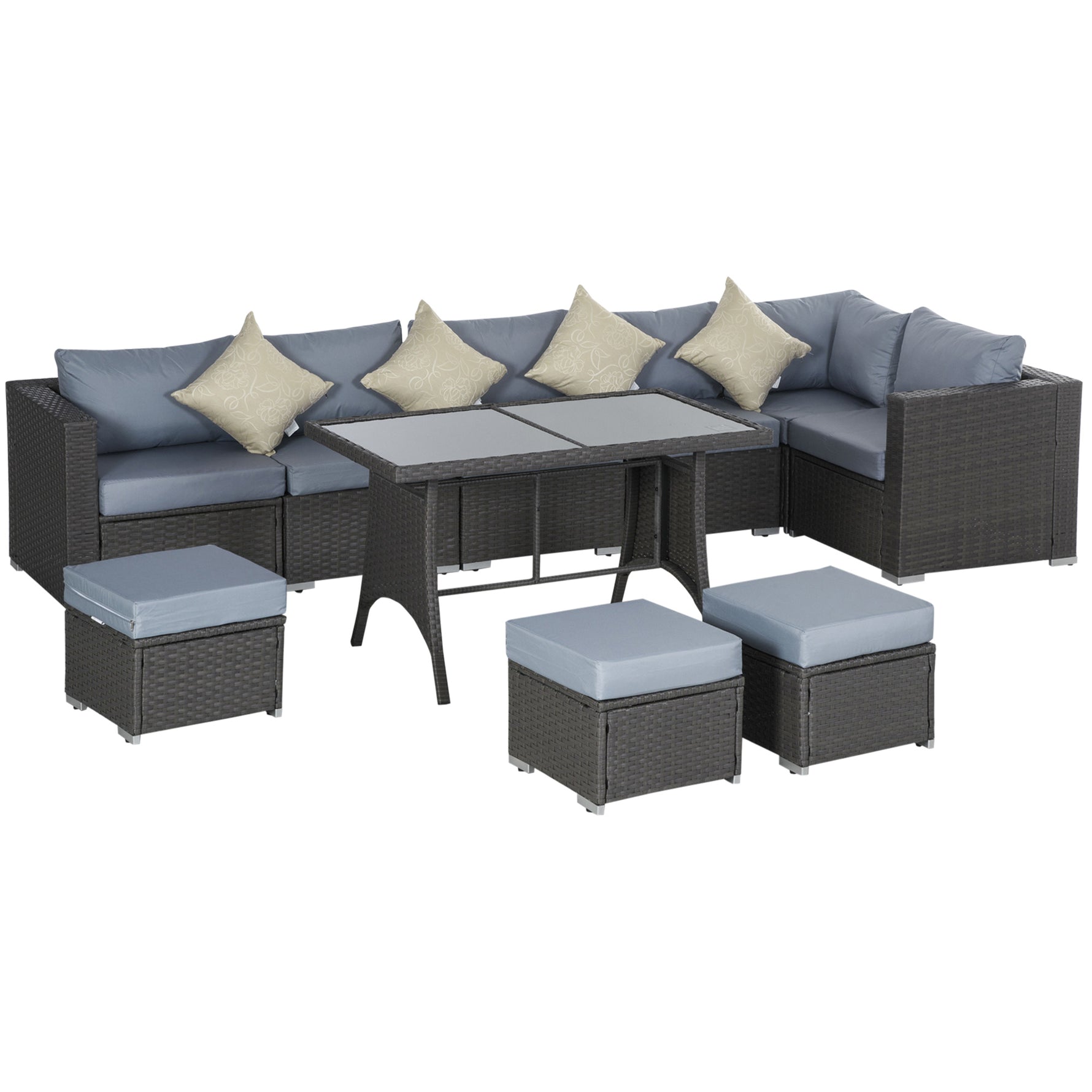 9-Seater Garden Rattan Furniture Set – 10-Piece Outdoor Sofa Set, Grey & Dusty Blue
