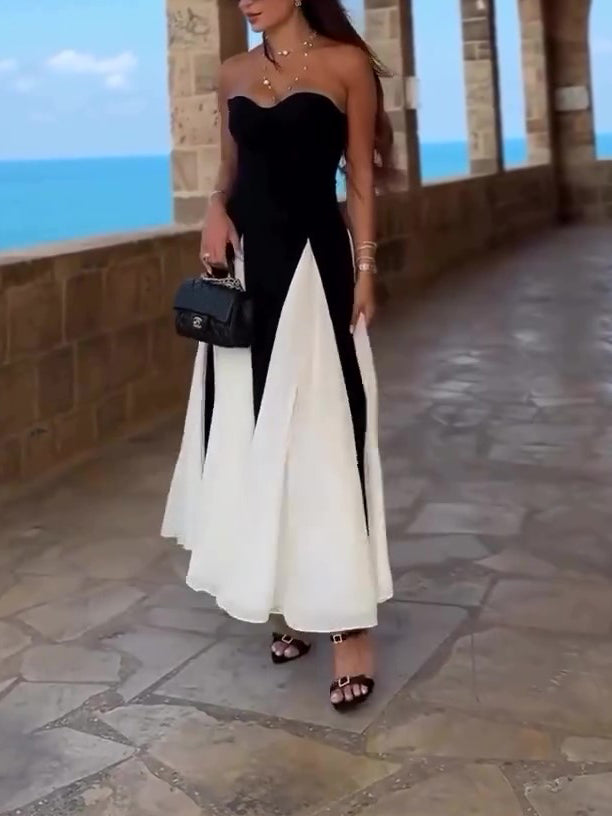 Black strapless maxi dress with white flared panels and contrast patchwork skirt