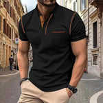 Black henley polo T-shirt with short sleeves, 3-button placket and chest pocket