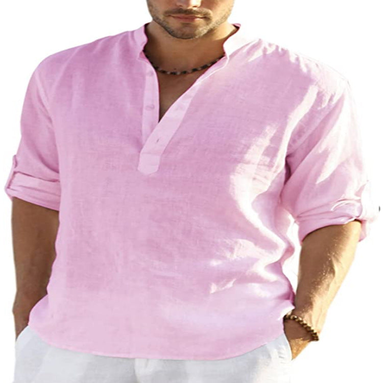 Men's cotton-linen stand-collar button shirt, pale purple, short sleeves