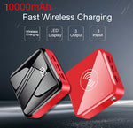 Red mini power bank with wireless charging icon and visible charging ports