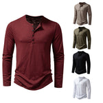 Men's long sleeve henley pullover in wine red with button placket and curved hem