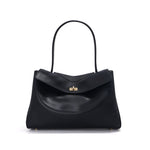 Black leather tote bag front view with curved handle and gold-tone clasp