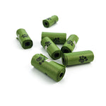 Green dog poop bag rolls with paw print icons, set of waste bags