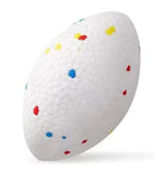 Soft textured dog chew ball with small multicolor shapes on white