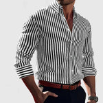 Men's black-and-white striped long-sleeve button shirt with buttoned cuffs and front placket
