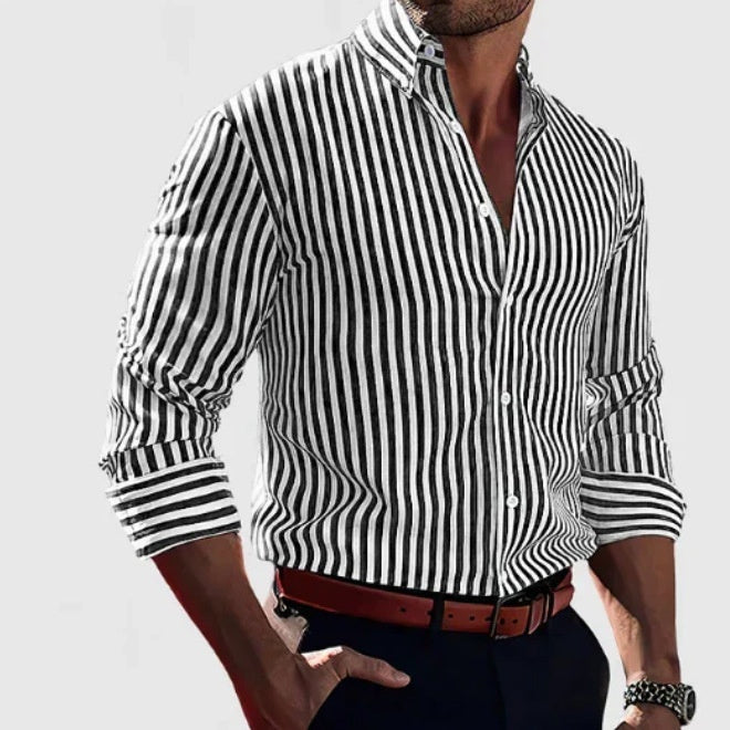 Men's black-and-white striped long-sleeve button shirt with buttoned cuffs and front placket