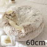 Round plush pet bed, beige 60cm, with a cat sleeping inside