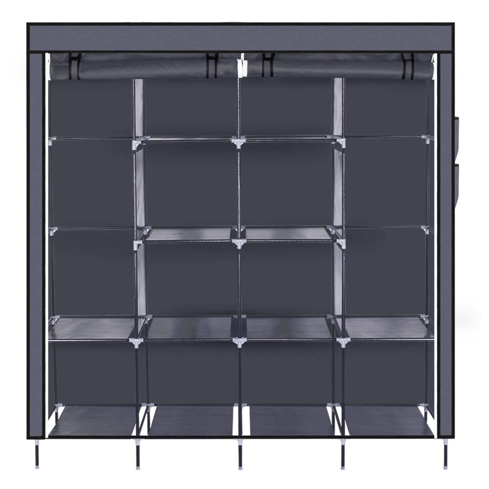 67 Inch Clothes Closet Portable Wardrobe Clothes Storage Rack 12 Shelves 4 Side Pockets Gray